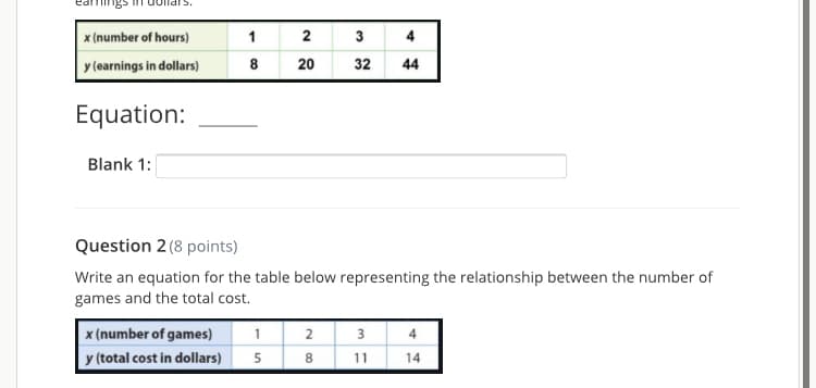 x (number of hours)
1
2
3
y (earnings in dollars)
8
20
32
44
Equation:
Blank 1:
Question 2 (8 points)
Write an equation for the table below representing the relationship between the number of
games and the total cost.
x (number of games)
1
2
3
4
y (total cost in dollars)
8
11
14
