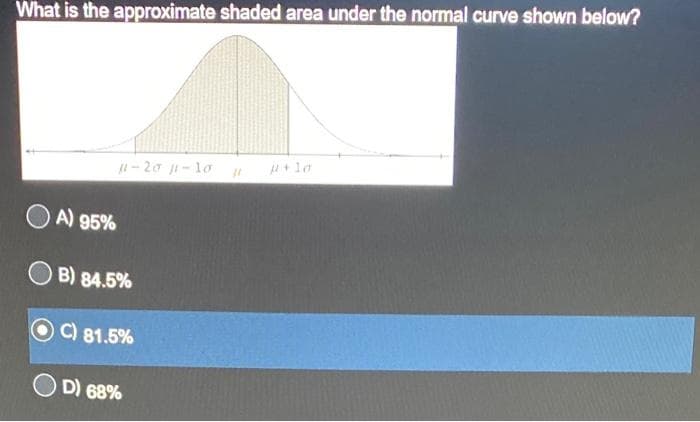 What is the approximate shaded area under the normal curve shown below?
l+la
- 20 -lo
A) 95%
B) 84.5%
C) 81.5%
D) 68%
