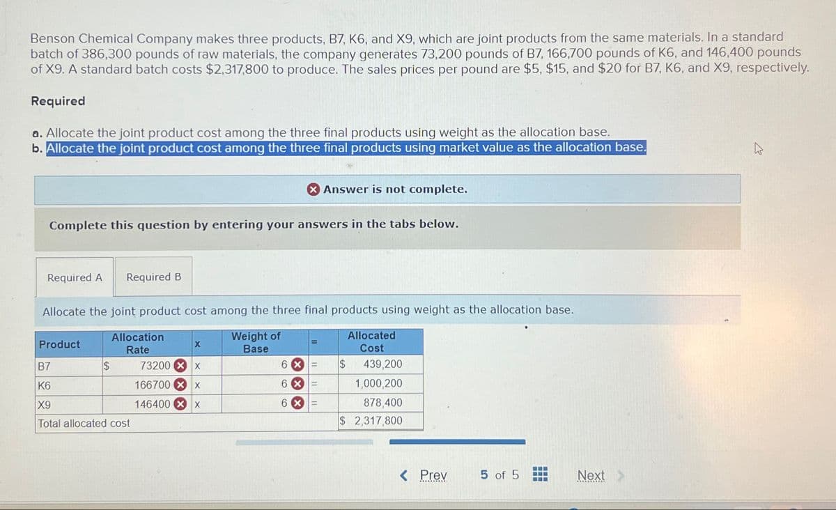 Benson Chemical Company makes three products, B7, K6, and X9, which are joint products from the same materials. In a standard
batch of 386,300 pounds of raw materials, the company generates 73,200 pounds of B7, 166,700 pounds of K6, and 146,400 pounds
of X9. A standard batch costs $2,317,800 to produce. The sales prices per pound are $5, $15, and $20 for B7, K6, and X9, respectively.
Required
a. Allocate the joint product cost among the three final products using weight as the allocation base.
b. Allocate the joint product cost among the three final products using market value as the allocation base.
Complete this question by entering your answers in the tabs below.
Required A Required B
Allocate the joint product cost among the three final products using weight as the allocation base.
Weight of
Base
Product
$
Allocation
Rate
B7
K6
X9
Total allocated cost
X
Answer is not complete.
73200 X X
166700 X X
146400 X X
6 X=
6 x
$
Allocated
Cost
439,200
1,000,200
878,400
$ 2,317,800
< Prev
5 of 5
Next