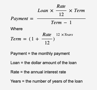 Rate
12
Term 1
Loan X
Payment
Where
Term = (1 +
x Term
Rate 12 x Years
-)
12
Payment = the monthly payment
Loan = the dollar amount of the loan
Rate = the annual interest rate
Years = the number of years of the loan