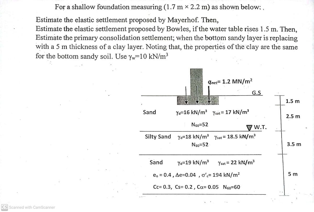 For a shallow foundation measuring (1.7 m x 2.2 m) as shown below:,
Estimate the elastic settlement proposed by Mayerhof. Then,
Estimate the elastic settlement proposed by Bowles, if the water table rises 1.5 m. Then,
Estimate the primary consolidation settlement; when the bottom sandy layer is replacing
with a 5 m thickness of a clay layer. Noting that, the propertiės of the clay are the same
for the bottom sandy soil. Use yw=10 kN/m³
qnet= 1.2 MN/m2
G.S
1.5 m
Sand
Ya=16 kN/m³ Ysat= 17 kN/m3
%3D
2.5 m
N60=52
V W.T.
Silty Sand Yd=18 kN/m³ Ysat = 18.5 kN/m?
N60=52
3.5 m
Sand
Ya=19 kN/m3
Ysat = 22 kN/m³
e, = 0.4, Ae=0.04 , o'= 194 kN/m2
5 m
Cc= 0.3, Cs= 0.2 , Ca= 0.05 N60=60
CS Scanned with CamScanner
