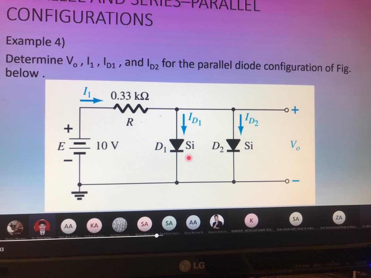 ALLEL
CONFIGURATIONS
Example 4)
Determine V,, 1, and Ip2 for the parallel diode configuration of Fig.
below.
0.33 k2
Ip
R
E = 10 V
D Si
D2 Si
Vo
SA
ZA
SA
SA
AA
AA
KA
Zad Sard Huaid Mari AHab
Salem Azzan Salim Azan N Habi
YOUDOD Abdl. KHALOUD ABDALLAH SALIM HILA
Sad Sa im Sald. Azhar Harmed K.
Dr. Ntin Sada
Abd lLAl S
33
LG
43in Wide MENU
