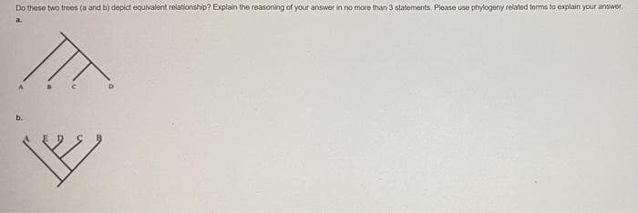 Do these two trees (a and b) depict equivalent relationship? Explain the reasoning of your answer in no more than 3 statements. Please use phylogeny related terms to explain your answer
a.