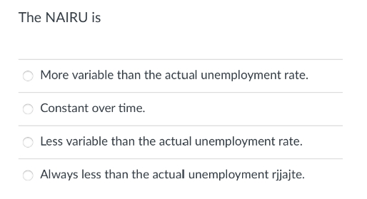 The NAIRU is
More variable than the actual unemployment rate.
Constant over time.
Less variable than the actual unemployment rate.
Always less than the actual unemployment rjajte.
