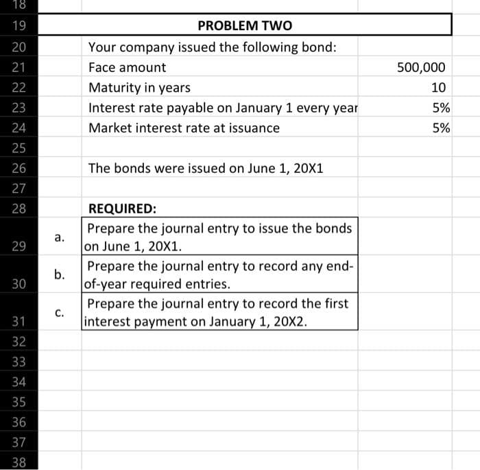 18
19
PROBLEM TWo
20
Your company issued the following bond:
21
Face amount
500,000
22
Maturity in years
10
23
Interest rate payable on January 1 every year
5%
24
Market interest rate at issuance
5%
25
26
The bonds were issued on June 1, 20X1
27
28
REQUIRED:
Prepare the journal entry to issue the bonds
on June 1, 20X1.
а.
29
Prepare the journal entry to record any end-
b.
30
of-year required entries.
Prepare the journal entry to record the first
C.
interest payment on January 1, 20X2.
31
32
33
34
35
36
37
38
