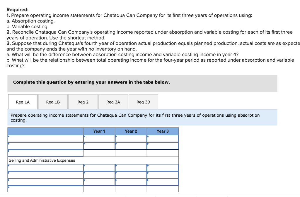 Required:
1. Prepare operating income statements for Chataqua Can Company for its first three years of operations using:
a. Absorption costing.
b. Variable costing.
2. Reconcile Chataqua Can Company's operating income reported under absorption and variable costing for each of its first three
years of operation. Use the shortcut method.
3. Suppose that during Chataqua's fourth year of operation actual production equals planned production, actual costs are as expecte
and the company ends the year with no inventory on hand.
a. What will be the difference between absorption-costing income and variable-costing income in year 4?
b. What will be the relationship between total operating income for the four-year period as reported under absorption and variable
costing?
Complete this question by entering your answers in the tabs below.
Req 1A
Reg 1B
Req 2
Reg 3A
Req 3B
Prepare operating income statements for Chataqua Can Company for its first three years of operations using absorption
costing.
Year 1
Year 2
Year 3
Selling and Administrative Expenses
