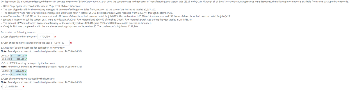 On September 25, a hurricane destroyed the work in process inventory of Biloxi Corporation. At that time, the company was in the process of manufacturing two custom jobs (B325 and Q428). Although all of Biloxi's on-site accounting records were destroyed, the following information is available from some backup off-site records.
• Biloxi Corp. applies overhead at the rate of 85 percent of direct labor cost.
• The cost of goods sold for the company averages 75 percent of selling price. Sales from January 1 to the date of the hurricane totaled $2,237,200.
• The company's wage rate for production employees is $18.06 per hour. A total of 25,760 direct labor hours were recorded from January 1 through September 25.
• As of September 25, $30,772 of direct material and 128 hours of direct labor had been recorded for Job B325. Also at that time, $20,580 of direct material and 240 hours of direct labor had been recorded for Job Q428.
• January 1 inventories (of the current year) were as follows: $27,300 of Raw Material and $96,460 of Finished Goods. Raw materials purchased during the year totaled $1,180,586.40.
• The amount of Work in Process Inventory at January (of the current year) was $20,440. Jobs B325 and Q428 were not in process on January 1.
• One job, R91, was completed and in the warehouse awaiting shipment on September 25. The total cost of this job was $231,840.
Determine the following amounts.
a. Cost of goods sold for the year $ 1,704,750
b. Cost of goods manufactured during the year $ 1,840,130
c. Amount of applied overhead for each job in WIP Inventory
Note: Round your answers to two decimal places (i.e. round $4.355 to $4.36).
Job B325 $
1,964.93 v
Job Q428 $
3,684.24 v
d. Cost of WIP Inventory destroyed by the hurricane
Note: Round your answers to two decimal places (i.e. round $4.355 to $4.36).
Job B325 $
35.048.61
Job Q428 $
28,598.64 v
e. Cost of RM Inventory destroyed by the hurricane
Note: Round your answers to two decimal places (i.e. round $4.355 to $4.36).
$ 1,022,669.89
