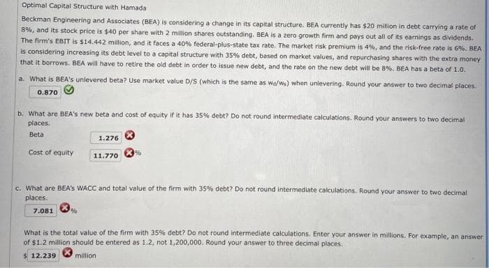 Optimal Capital Structure with Hamada
Beckman Engineering and Associates (BEA) is considering a change in its capital structure. BEA currently has $20 million in debt carrying a rate of
8%, and its stock price is $40 per share with 2 million shares outstanding. BEA is a zero growth firm and pays out all of its earnings as dividends.
The firm's EBIT is $14.442 million, and it faces a 40% federal-plus-state tax rate. The market risk premium is 4%, and the risk-free rate is 6%. BEA
is considering increasing its debt level to a capital structure with 35% debt, based on market values, and repurchasing shares with the extra money
that it borrows. BEA will have to retire the old debt in order to issue new debt, and the rate on the new debt will be 8%. BEA has a beta of 1.0.
a. What is BEA's unlevered beta? Use market value D/S (which is the same as wa/w,) when unievering. Round your answer to two decimal places.
0.870
b. What are BEA's new beta and cost of equity if it has 35% debt? Do not round intermediate calculations. Round your answers to two decimal
places.
Beta
1.276
Cost of equity
%
11.770
c. What are BEA's WACC and total value of the firm with 35% debt? Do not round intermediate calculations. Round your answer to two decimal
places.
7.081 %
What is the total value of the firm with 35% debt? Do not round intermediate calculations. Enter your answer in millions. For example, an answer
of $1.2 million should be entered as 1.2, not 1,200,000. Round your answer to three decimal places.
12.239
million
