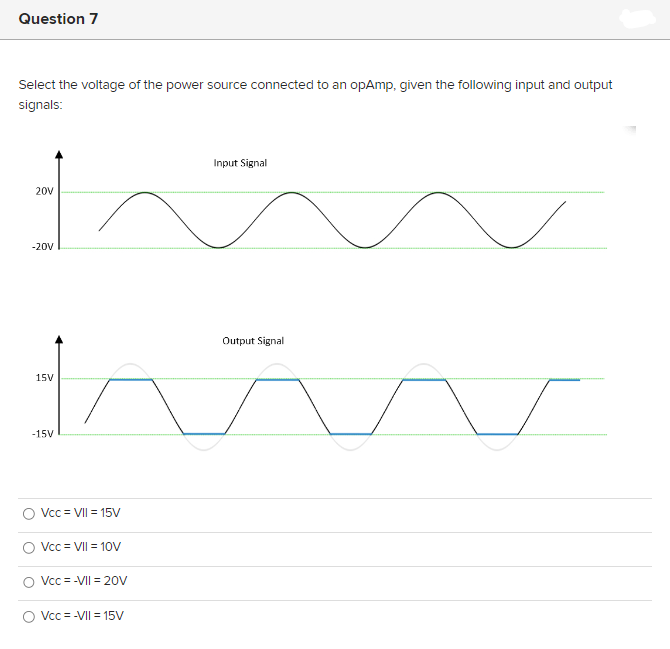 Question 7
Select the voltage of the power source connected to an opAmp, given the following input and output
signals:
20V
-20V
15V
-15V
O Vcc= VII = 15V
Vcc= VII = 10V
Vcc= -VII = 20V
O Vcc= -VII = 15V
Input Signal
Output Signal