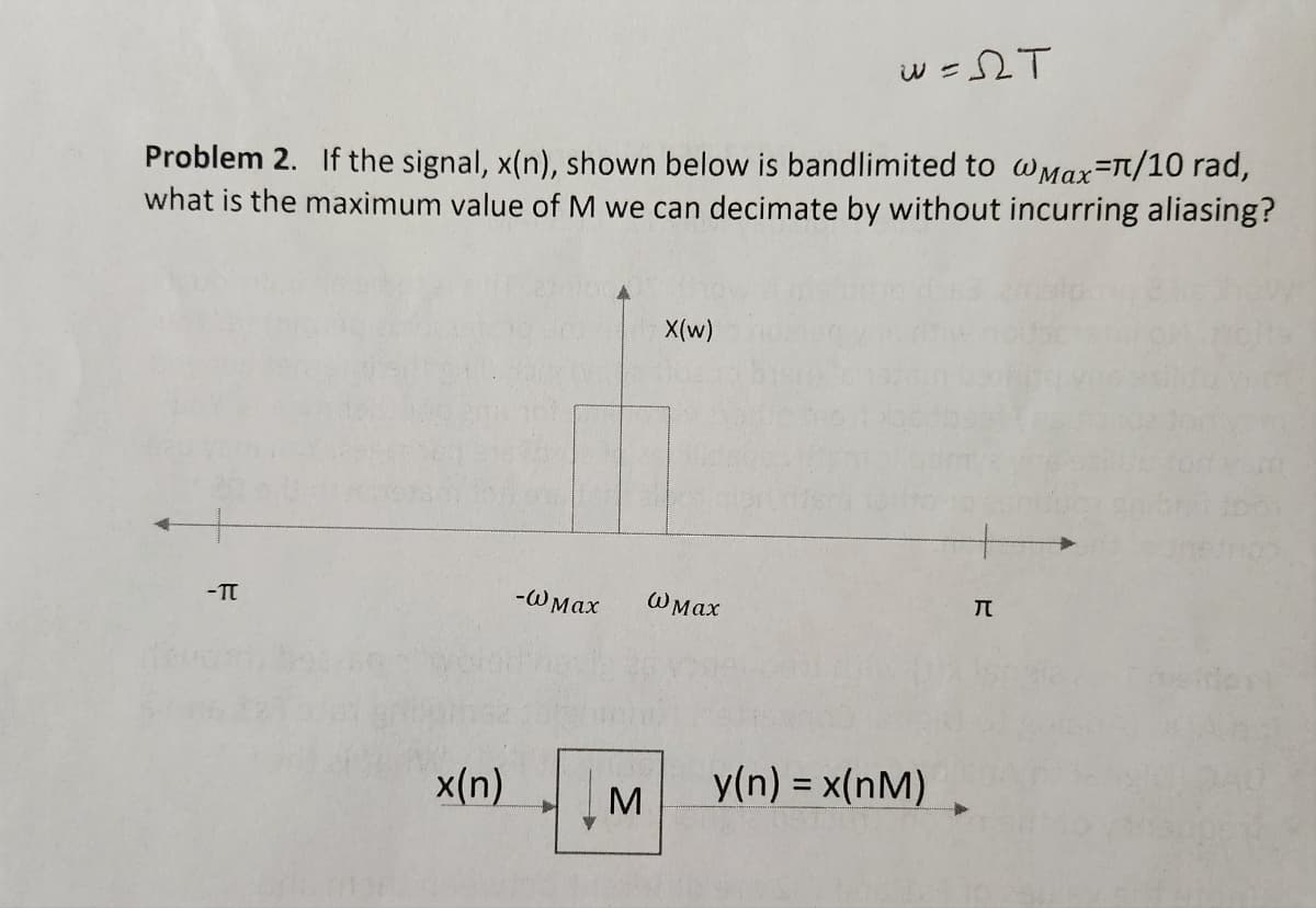 Problem 2. If the signal, x(n), shown below is band limited to @Max=π/10 rad,
what is the maximum value of M we can decimate by without incurring aliasing?
-TT
x(n)
-W Max
M
X(w)
w=ST
W Max
y(n) = x(nM)
π