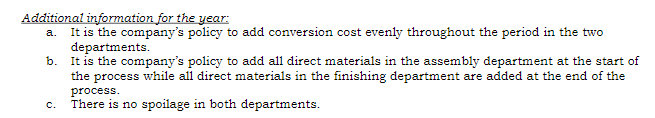 Additional information for the year:
It is the company's policy to add conversion cost evenly throughout the period in the two
departments.
b. It is the company's policy to add all direct materials in the assembly department at the start of
the process while all direct materials in the finishing department are added at the end of the
a.
process.
There is no spoilage in both departments.
С.
