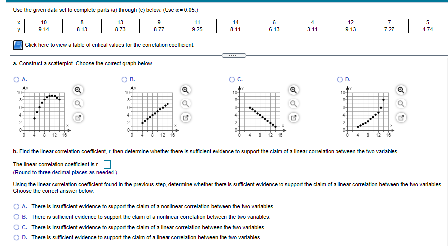 Use the given data set to complete parts (a) through (c) below. (Use a = 0.05.)
10
8
13
11
14
4
12
7
y
9.14
8.13
8.73
8.77
9.25
8.11
6.13
3.11
9.13
7.27
4.74
Click here to view a table of critical values for the correlation coefficient.
a. Construct a scatterplot. Choose the correct graph below.
A.
В.
C.
D.
Ay
10-
10-
10-
10-
8-
8-
8-
8-
6-
6-
6-
...
4-
4-
4-
4-
2-
2-
2-
2-
04
4
0-
0-
0-
4
12 16
8
12 16
4
8
8 12 16
b. Find the linear correlation coefficient, r, then detemine whether there is sufficient evidence to support the claim of a linear correlation between the two variables.
The linear correlation coefficient is r=.
(Round to three decimal places as needed.)
Using the linear correlation coefficient found in the previous step, detemine whether there is sufficient evidence to support the claim of a linear correlation between the two variables.
Choose the correct answer below.
A. There is insufficient evidence to support the claim of a nonlinear correlation between the two variables.
B. There is sufficient evidence to support the claim of a nonlinear correlation between the two variables.
OC. There is insufficient evidence to support the claim of a linear correlation between the two variables.
O D. There is sufficient evidence to support the claim of a linear correlation between the two variables.
of
