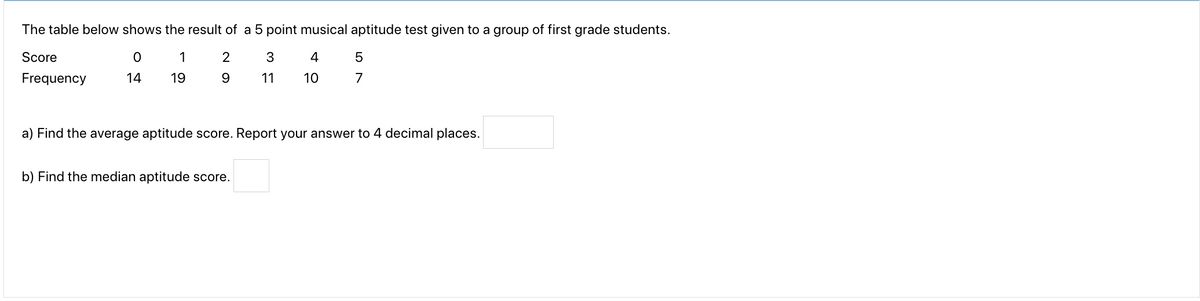 The table below shows the result of a 5 point musical aptitude test given to a group of first grade students.
Score
O
1
2
4
Frequency
14
19
9
10
3
11
b) Find the median aptitude score.
5
7
a) Find the average aptitude score. Report your answer to 4 decimal places.