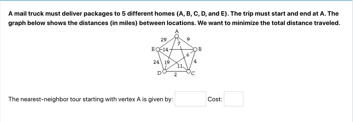 A mail truck must deliver packages to 5 different homes (A, B, C, D, and E). The trip must start and end at A. The
graph below shows the distances (in miles) between locations. We want to minimize the total distance traveled.
A
29
EC-14
24 19
D
The nearest-neighbor tour starting with vertex A is given by:
7
2
11.
9
09
B
Cost: