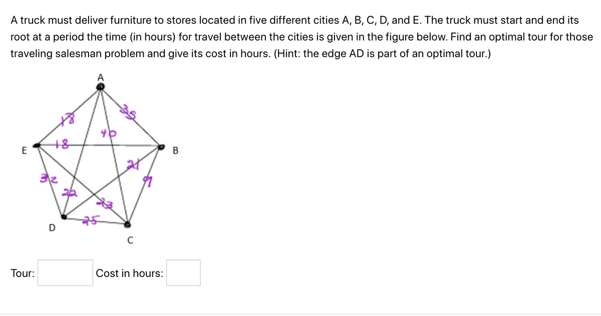 ### Traveling Salesman Problem for Furniture Delivery

A truck must deliver furniture to stores located in five different cities: A, B, C, D, and E. The truck must start and end its route at city A. The time (in hours) for travel between the cities is given in the figure below. The objective is to find an optimal tour (the shortest possible route) for this traveling salesman problem and provide its cost in hours. As a hint, it is noted that the edge AD is part of an optimal tour.

### Graph Representation:

In the figure, each node represents a city and each edge represents the travel time in hours between two cities. Here is the detailed travel time between each pair of cities:

- **A to B:** 35 hours
- **A to C:** 40 hours
- **A to D:** 22 hours
- **A to E:** 18 hours
- **B to C:** 29 hours
- **B to D:** 21 hours
- **B to E:** 18 hours
- **C to D:** 25 hours
- **C to E:** 32 hours
- **D to E:** 23 hours

### Task:

Determine the optimal tour starting and ending at city A and the total cost in hours for this tour.

#### Input Required:
- **Tour:** A sequence of cities representing the optimal route.
- **Cost in hours:** The total travel time for the optimal route.

This problem is an example of the Traveling Salesman Problem (TSP), where the goal is to find the shortest possible route that visits each city exactly once and returns to the starting city. Solving this will give the optimal sequence for the truck's delivery route along with the minimum total travel time.