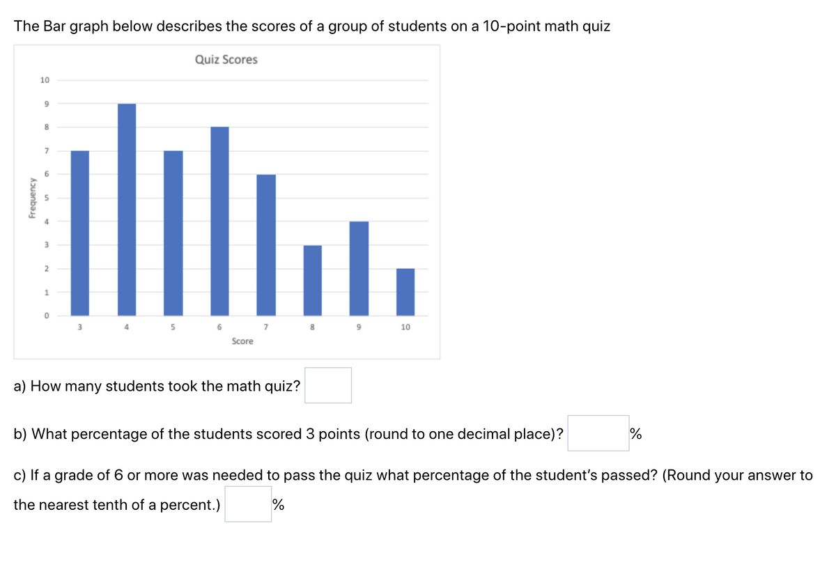 **Quiz Scores Analysis**

The Bar graph below describes the scores of a group of students on a 10-point math quiz.

![Bar Graph](URL_to_image)

**Graph Explanation:**

- The bar graph titled "Quiz Scores" illustrates the frequency of scores that students received on a 10-point math quiz.
- The horizontal axis (x-axis) represents the scores ranging from 3 to 10.
- The vertical axis (y-axis) indicates the frequency of students achieving each score, ranging from 0 to 10.

**Detailed Breakdown:**

- **Score of 3:** 7 students
- **Score of 4:** 9 students
- **Score of 5:** 7 students
- **Score of 6:** 7 students
- **Score of 7:** 8 students
- **Score of 8:** 3 students
- **Score of 9:** 5 students
- **Score of 10:** 4 students

**Questions & Solutions:**

a) How many students took the math quiz?

**Solution:**
To find the total number of students, sum the frequencies of all scores.

Total students = 7 + 9 + 7 + 7 + 8 + 3 + 5 + 4 = **50** students

b) What percentage of the students scored 3 points (round to one decimal place)?

**Solution:**
First, find the number of students who scored 3 points, which is 7. The total number of students is 50.
Percentage = (Number of students scoring 3 / Total number of students) * 100

Percentage = (7 / 50) * 100 = 14.0%

c) If a grade of 6 or more was needed to pass the quiz, what percentage of the students passed? (Round your answer to the nearest tenth of a percent.)

**Solution:**
First, find the number of students who scored 6 or more points.
- Score of 6: 7 students
- Score of 7: 8 students
- Score of 8: 3 students
- Score of 9: 5 students
- Score of 10: 4 students

Number of students passing = 7 + 8 + 3 + 5 + 4 = 27

Percentage of students passing = (Number of students passing / Total number of students) * 100

