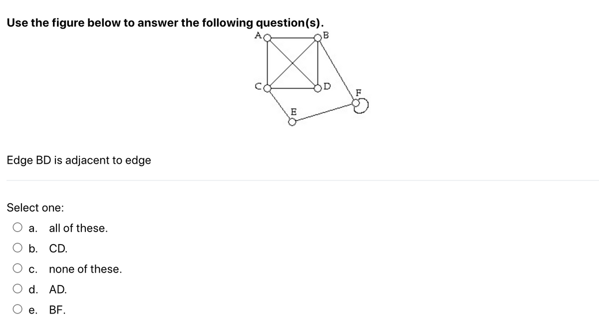 ### Using Graphs to Understand Edge Adjacency

#### Question:
**Use the figure below to answer the following question(s).**

**Edge BD is adjacent to edge:**

- Select one:
  - a. all of these.
  - b. CD.
  - c. none of these.
  - d. AD.
  - e. BF.

#### Figure Explanation:
The figure represents an undirected graph with vertices labeled **A, B, C, D, E,** and **F**. Here are the connections (edges) between the vertices:
- **A** is connected to **B**
- **A** is connected to **D**
- **A** is connected to **C**
- **B** is connected to **D**
- **C** is connected to **D**
- **D** is connected to **E**
- **E** is connected to **F**

The graph also shows the labels on the edges between the vertices.

#### Answer Options:
- **a. all of these:** Indicates if edge BD is adjacent to all the other listed edges.
- **b. CD:** Indicates if edge BD is adjacent to edge CD.
- **c. none of these:** Indicates if edge BD is not adjacent to any of the other listed edges.
- **d. AD:** Indicates if edge BD is adjacent to edge AD.
- **e. BF:** Indicates if edge BD is adjacent to edge BF.

**Choose the correct option by analyzing the graph.**

**Educational Tip**: To determine adjacency in a graph, examine if two edges share a common vertex. For example, edge BD is adjacent to edge AD because they share vertex D.