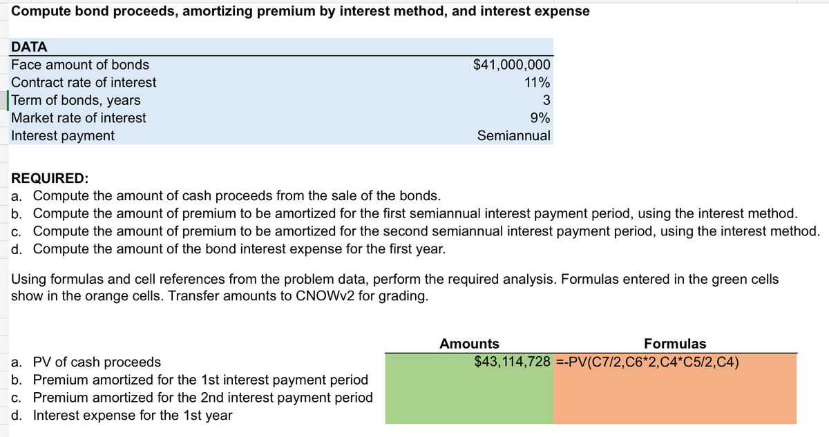 Compute bond proceeds, amortizing premium by interest method, and interest expense
DATA
Face amount of bonds
Contract rate of interest
Term of bonds, years
Market rate of interest
Interest payment
REQUIRED:
a. Compute the amount of cash proceeds from the sale of the bonds.
$41,000,000
11%
3
9%
Semiannual
b. Compute the amount of premium to be amortized for the first semiannual interest payment period, using the interest method.
c. Compute the amount of premium to be amortized for the second semiannual interest payment period, using the interest method.
d. Compute the amount of the bond interest expense for the first year.
Using formulas and cell references from the problem data, perform the required analysis. Formulas entered in the green cells
show in the orange cells. Transfer amounts to CNOWv2 for grading.
a. PV of cash proceeds
b. Premium amortized for the 1st interest payment period
c. Premium amortized for the 2nd interest payment period
d. Interest expense for the 1st year
Amounts
Formulas
$43,114,728 =-PV(C7/2,C6*2,C4*C5/2,C4)