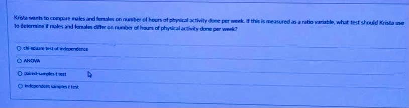 Krista wants to compare males and females on number of hours of physical activity done per week. If this is measured as a ratio variable, what test should Krista use
to determine if males and females differ on number of hours of physical activity done per week?
O chi-square test of independence
O ANOVA
O paired-samples t test
O Independent samples t test
