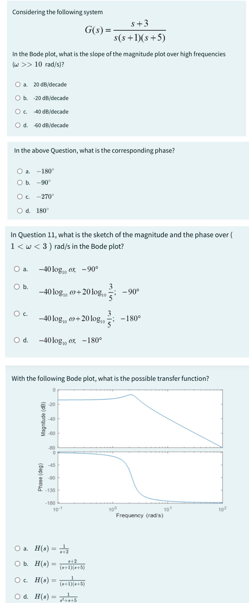 Considering the following system
s+3
G(s) =
s(s+1)(s+5)
In the Bode plot, what is the slope of the magnitude plot over high frequencies
10 rad/s)?
(w
a. 20 dB/decade
O b. -20 dB/decade
○ c.
-40 dB/decade
O d. -60 dB/decade
In the above Question, what is the corresponding phase?
O a. -180°
b. -90°
○ c. -270°
○ d. 180°
In Question 11, what is the sketch of the magnitude and the phase over (
1<w< 3) rad/s in the Bode plot?
○ a. -40 log10 @; -90°
O b.
3
10
-40 logo +20 log10
-90°
○ c.
-4010g 10 +20 10g10 -180°
○ d. -40 log 10-180°
With the following Bode plot, what is the possible transfer function?
Magnitude (dB)
Phase (deg)
2
-40
-60
0
-80
0
-45
-90
-135
-180
10-1
10°
101
Frequency (rad/s)
102
O a. H(s) = 2
O b. H(s) =
8+2
(8+1)(8+5)
○ c. H(s)
1
(8+1)(8+5)
=
Od. H(s)²+8+5