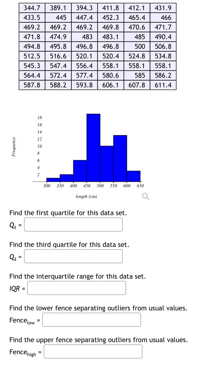 Frequency
344.7 389.1
394.3 411.8 412.1
433.5
445
447.4
452.3
465.4
469.2 469.2 469.2 469.8
470.6
471.8 474.9
483
483.1
485
494.8 495.8 496.8
496.8
500
512.5 516.6 520.1 520.4
524.8
545.3 547.4 556.4
558.1
558.1
564.4 572.4 577.4 580.6
585
587.8
588.2 593.8 606.1 607.8
18
16
14
12
10
8
6
4
Find the first quartile for this data set.
Q₁ =
300 350 400 450 500 550 600 650
length (cm)
Find the third quartile for this data set.
Q3
Find the interquartile range for this data set.
IQR =
=
Find the lower fence separating outliers from usual values.
Fence Low
431.9
466
471.7
490.4
506.8
534.8
558.1
586.2
611.4
=
Find the upper fence separating outliers from usual values.
Fence high