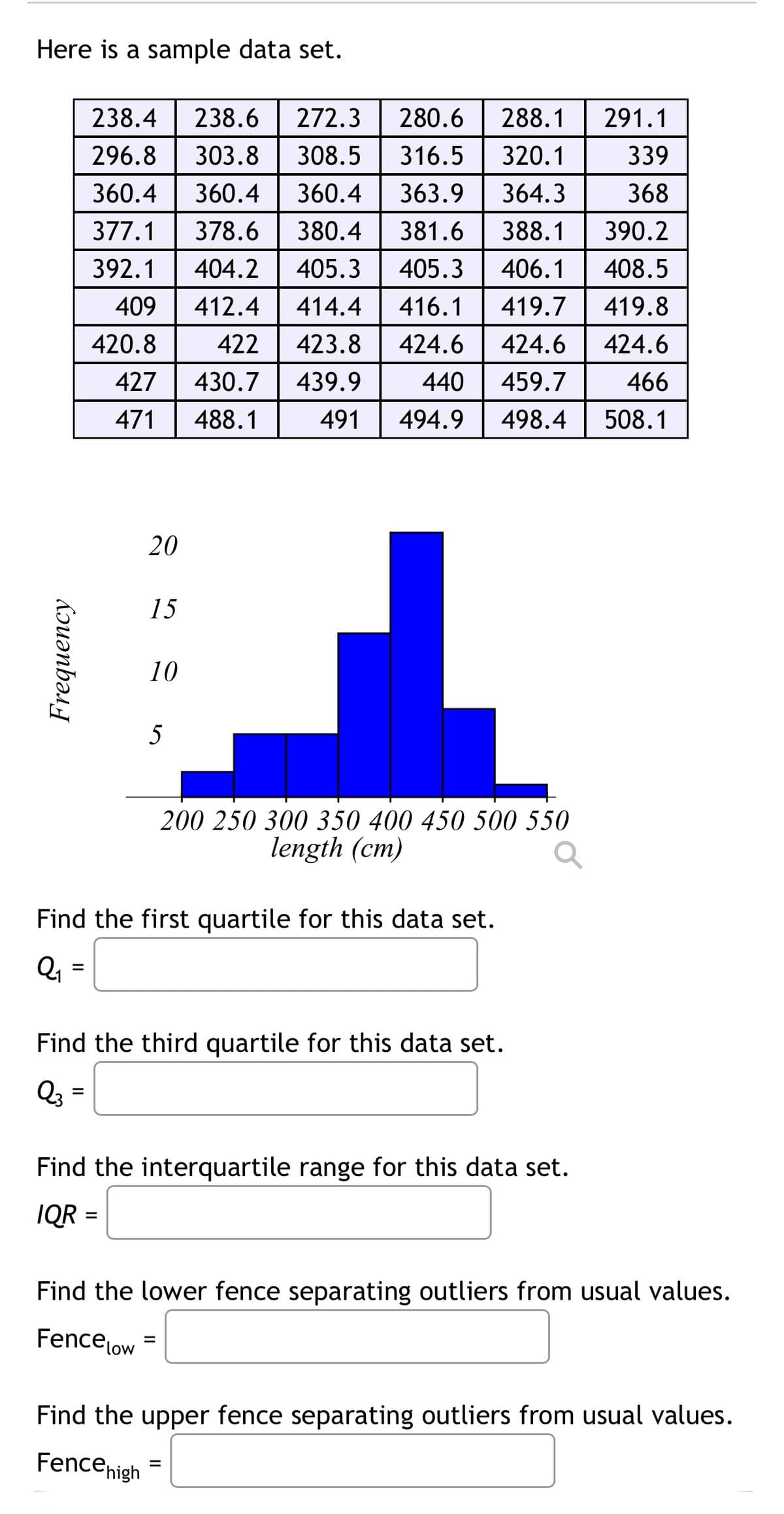 Here is a sample data set.
Frequency
=
238.4 238.6 272.3 280.6 288.1 291.1
296.8
303.8 308.5
316.5
320.1
360.4 360.4
360.4 363.9
364.3
377.1 378.6 380.4
381.6
388.1
390.2
392.1 404.2
405.3 405.3
406.1
408.5
409 412.4
414.4 416.1
419.7
419.8
422
423.8 424.6
424.6 424.6
427 430.7
439.9
440
459.7
466
471
488.1
491 494.9 498.4 508.1
420.8
=
20
15
10
Find the first quartile for this data set.
Q₁
=
5
200 250 300 350 400 450 500 550
length (cm)
Find the third quartile for this data set.
Q3
Find the interquartile range for this data set.
IQR
339
368
Find the lower fence separating outliers from usual values.
Fence Low =
Find the upper fence separating outliers from usual values.
Fence high
=