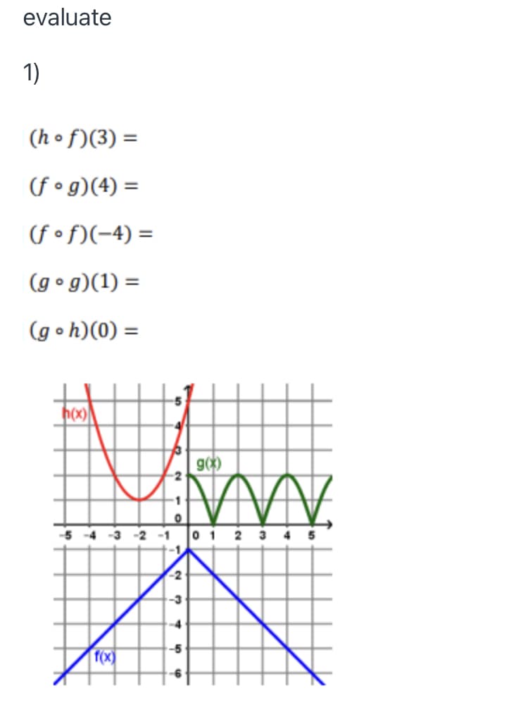 evaluate
1)
(h o f)(3) =
%3D
(f• g)(4) =
(fof)(-4) =
(go g)(1) =
(g oh)(0) =
h(x)
5 4 -3 -2 -101 2 3 4
-4
-5
f(x)
-6
