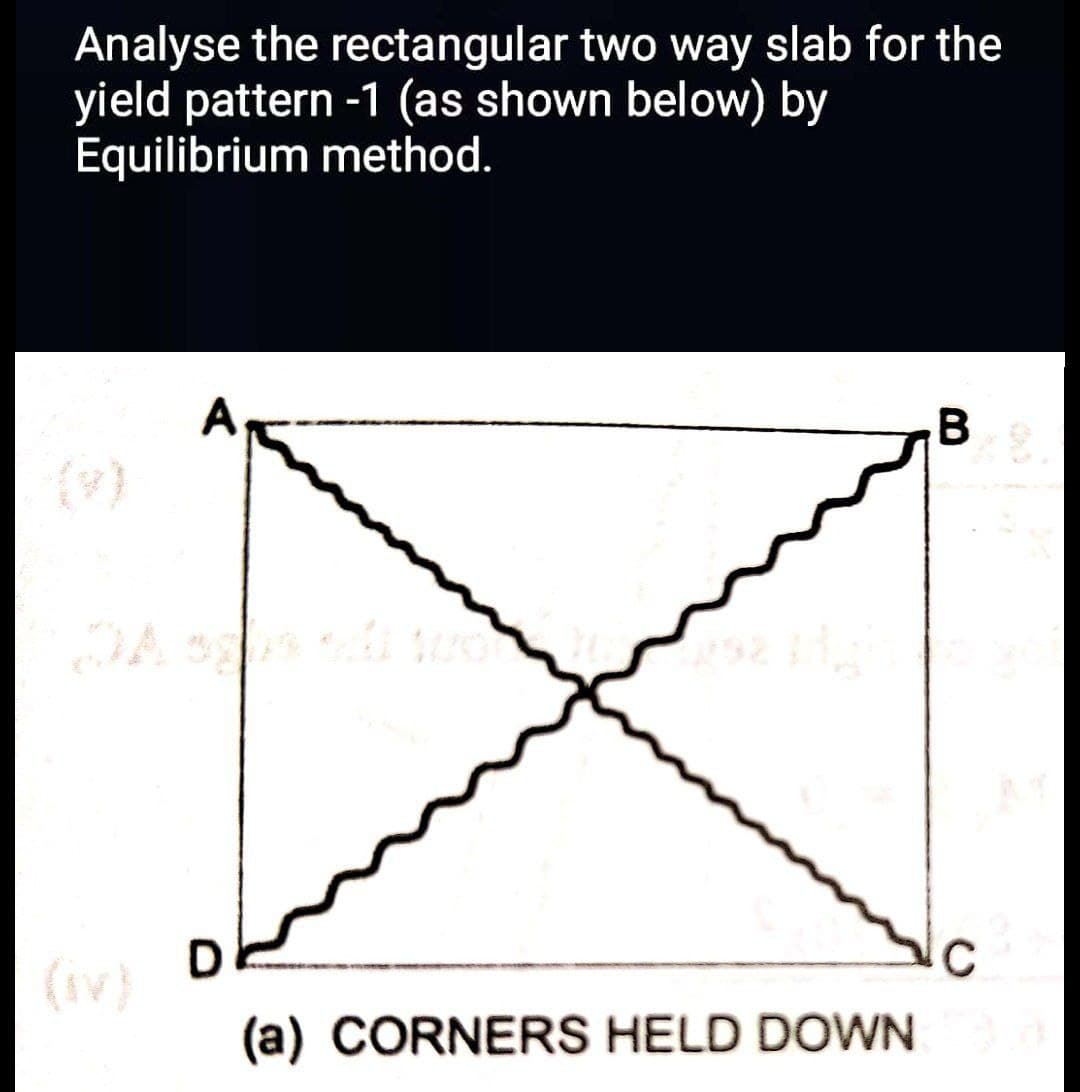 Analyse the rectangular two way slab for the
yield pattern -1 (as shown below) by
Equilibrium method.
B
adg
D
(a) CORNERS HELD DOWN
(iv)