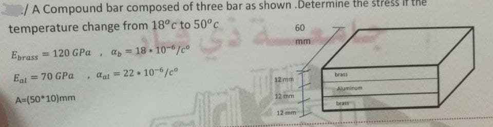 /A Compound bar composed of three bar as shown .Determine the stress if the
temperature change from 18°c to 50°c
60
mm
Eprass = 120 GPa, a, = 18+ 10-6/c°
Eal
= 70 GPa
, dal =
22 10-6/c°
%3D
brass
12 mm
Aluminum
A=(50*10)mm
12 mm
brass
12 mm
