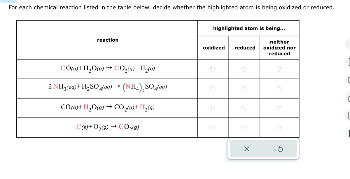 For each chemical reaction listed in the table below, decide whether the highlighted atom is being oxidized or reduced.
reaction
CO(g)+H₂O(g) → CO₂(g)+ H₂(g)
2NH3(aq) + H₂SO4(aq) → (NH4)2SO4(aq)
CO(g) + H₂O(g) → CO₂(g) + H₂(9)
C(s) + O₂(g) → CO₂(g)
highlighted atom is being...
oxidized reduced
X
neither
oxidized nor
reduced
O
C
ㄷ
[