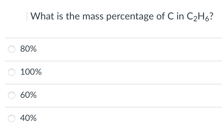 What is the mass percentage of C in C₂H6?
80%
100%
60%
40%