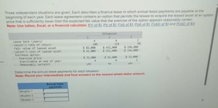 Three independent situations are given. Each describes a finance lease in which annual lease payments are payable at the
beginning of each year. Each lease agreement contains an option that permits the lessee to acquire the leased asset at an option
price that is sufficiently lower than the expected fair value that the exercise of the option appears reasonably certain
Note: Use tables, Excel, or a financial calculator. (FV of $1. PV of $1. EVA of $1. PVA of $1. EVAD of $1 and PVAD of $1
Lease tere (years)
Lesson's rate of return
Fair value of leased asset
Lesson's cast of leased asset
Purchase option
Exercise price
Exercisable at end of year
Reasonably certain?
Situation
3
4
10%
11%
9%
$ 431,000
$ 431,000
$195,000
$156,000
$ 33,000
$82,000
$ 61,000
$21,000
4
Determine the annual lease payments for each situation
Note: Round your intermediate and final answers to the nearest whole dollar amount.
Annual lease
payments
Station 1
Station 2
Sauation S