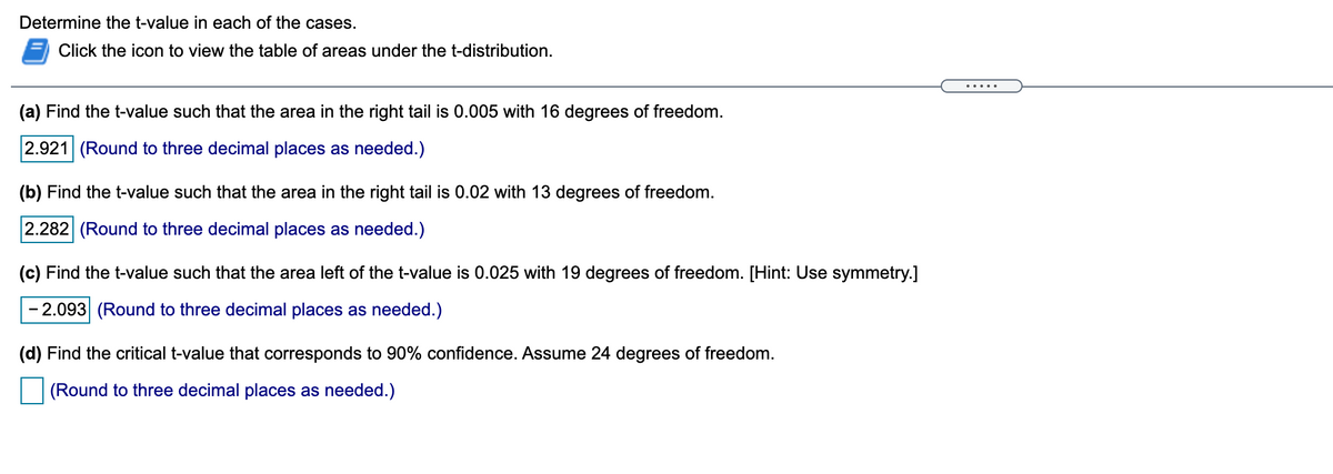 Determine the t-value in each of the cases.
Click the icon to view the table of areas under the t-distribution.
.....
(a) Find the t-value such that the area in the right tail is 0.005 with 16 degrees of freedom.
2.921 (Round to three decimal places as needed.)
(b) Find the t-value such that the area in the right tail is 0.02 with 13 degrees of freedom.
2.282 (Round to three decimal places as needed.)
(c) Find the t-value such that the area left of the t-value is 0.025 with 19 degrees of freedom. [Hint: Use symmetry.]
- 2.093 (Round to three decimal places as needed.)
(d) Find the critical t-value that corresponds to 90% confidence. Assume 24 degrees of freedom.
(Round to three decimal places as needed.)
