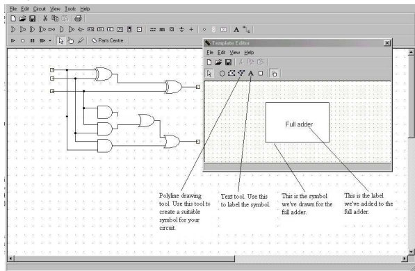 Ele Edit Cicut View Look Help
DA * A e
D Do D Do DOD DO MO
8 A
PO 11
bod
G
Parts Centre
+
8 m
Template Editor
Ele Edit View Help
D
Polyline drawing
tool. Use this tool to
create a suitable
symbol for your
circuit
AG
OKTAD
Text tool Use this
to label the symbol
0
Full adder
This is the symbol
we've drawn for the
full adder.
This is the label
we've added to the
full adder.
7