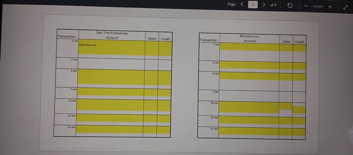 Transaction
1-Jan
2-Jan
3-Jan
7-Jan
10-Jan
22-Jan
31-Jan
Star Trek Enterprises
Account
Sales Revenue
Debit Credit
Transaction
1-Jan
2-Jan
3-Jan
7-Jan
10-Jan
22-Jan
31-Jan
Page
<
2
Monsters Inc.
Account
of 9
Debit
-
Credit
ZOOM +