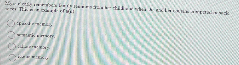 Myra clearly remembers family reunions from her childhood when she and her cousins competed in sack
races. This is an example of a(n)
episodic memory.
semantic memory.
echoic memory.
iconic memory.