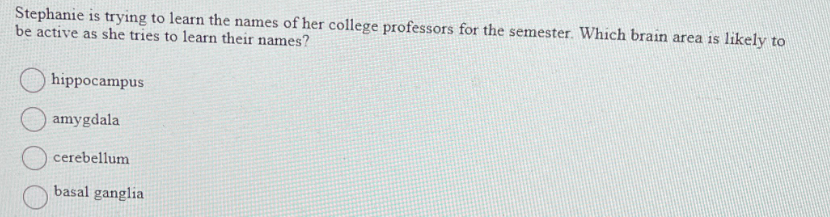 Stephanie is trying to learn the names of her college professors for the semester. Which brain area is likely to
be active as she tries to learn their names?
hippocampus
amygdala
cerebellum
basal ganglia