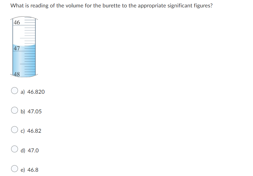 What is reading of the volume for the burette to the appropriate significant figures?
46
47
48
a) 46.820
b) 47.05
c) 46.82
d) 47.0
e) 46.8