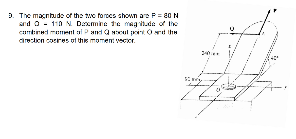 9. The magnitude of the two forces shown are P = 80 N
and Q = 110 N. Determine the magnitude of the
combined moment of P and Q about point O and the
Q
direction cosines of this moment vector.
240 mm
40°
90 mm
