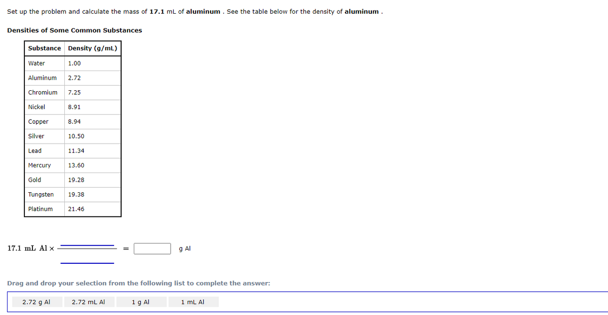 Set up the problem and calculate the mass of 17.1 mL of aluminum . See the table below for the density of aluminum
Densities of Some Common Substances
Substance Density (g/mL)
Water
Aluminum 2.72
Chromium 7.25
Nickel
Copper
Silver
Lead
Mercury
Gold
1.00
17.1 mL Al x
8.91
2.72 g Al
8.94
10.50
11.34
13.60
Tungsten
Platinum 21.46
19.28
19.38
Drag and drop your selection from the following list to complete the answer:
2.72 mL Al
g Al
1 g Al
1 mL Al