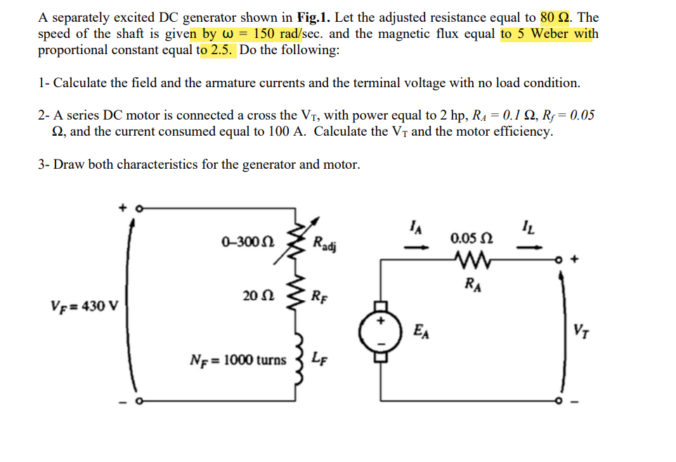 A separately excited DC generator shown in Fig.1. Let the adjusted resistance equal to 80 22. The
speed of the shaft is given by w = 150 rad/sec. and the magnetic flux equal to 5 Weber with
proportional constant equal to 2.5. Do the following:
1- Calculate the field and the armature currents and the terminal voltage with no load condition.
2- A series DC motor is connected a cross the VT, with power equal to 2 hp, R₁ = 0.1 Q2, Rf = 0.05
2, and the current consumed equal to 100 A. Calculate the V₁ and the motor efficiency.
3- Draw both characteristics for the generator and motor.
+0
JA
IL
0.05 Ω
0-3002
Radj
ww
RA
20 Ω
RF
VF=430 V
NF = 1000 turns
LF
EA
0 +
VT