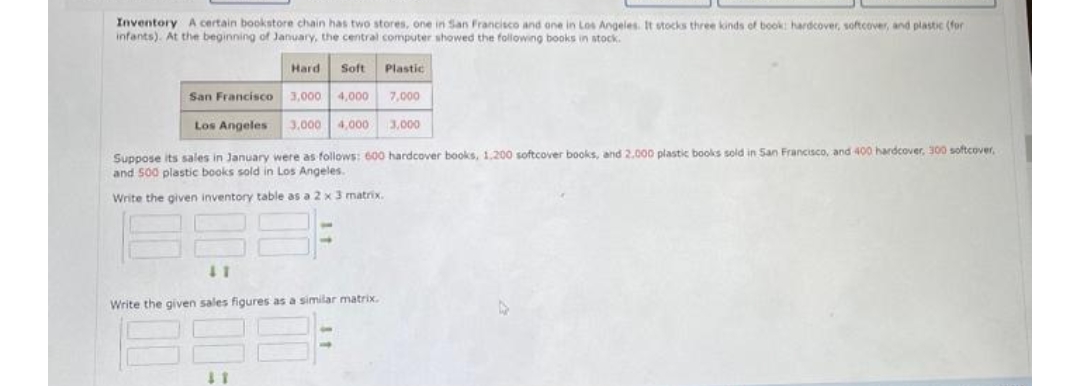 Inventory A certain bookstore chain has two stores, one in San Francisco and ane in Los Angeles. It stocks three kinds of book: hardcover, softcover, and plastic (for
infants). At the beginning of January, the central computer showed the following books in stock.
Hard
Soft
Plastic
San Francisco
3,000
4,000
7,000
Los Angeles
3,000
4,000
3,000
Suppose its sales in January were as follows: 600 hardcover books, 1.200 softcover books, and 2,000 plastic books sold in San Francisco, and 400 hardcover, 300 softcover,
and 500 plastic books sold in Los Angeles.
Write the given inventory table as a 2 x 3 matrix.
41
Write the given sales figures as a similar matrix.
