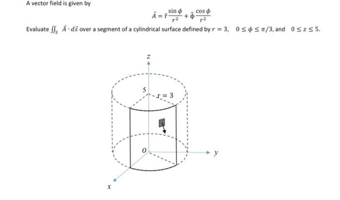 A vector field is given by
sin o
cos
Evaluate , A• ds over a segment of a cylindrical surface defined by r = 3, 0s¢sn/3, and 0szs 5.
