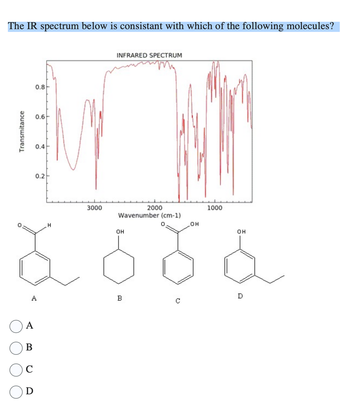 The IR spectrum below is consistant with which of the following molecules?
Transmitance
A
B
C
Ꭰ
0.8
0.6-
0.4
0.2
H
3000
INFRARED SPECTRUM
2000
Wavenumber (cm-1)
OH
OH
1000
OH
D
A
B