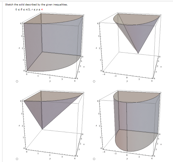 Sketch the solid described by the given inequalities.
Ose s n/2, rsz 4
of
