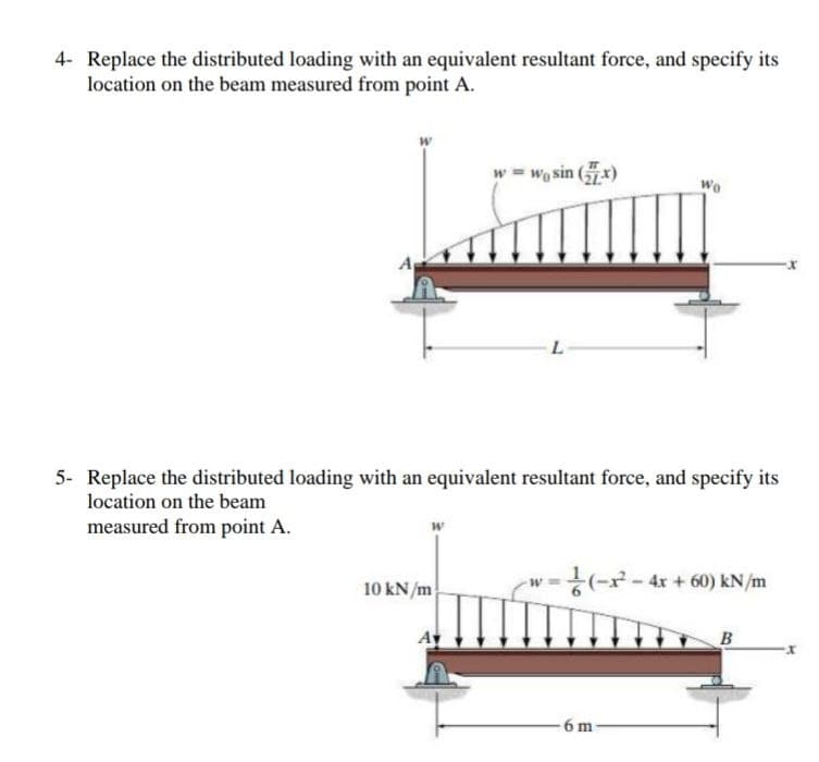 4- Replace the distributed loading with an equivalent resultant force, and specify its
location on the beam measured from point A.
w = wo sin (x)
We
5- Replace the distributed loading with an equivalent resultant force, and specify its
location on the beam
measured from point A.
v3%(-- 4r + 60) kN /m
%3D
10 kN/m
B
6 m
