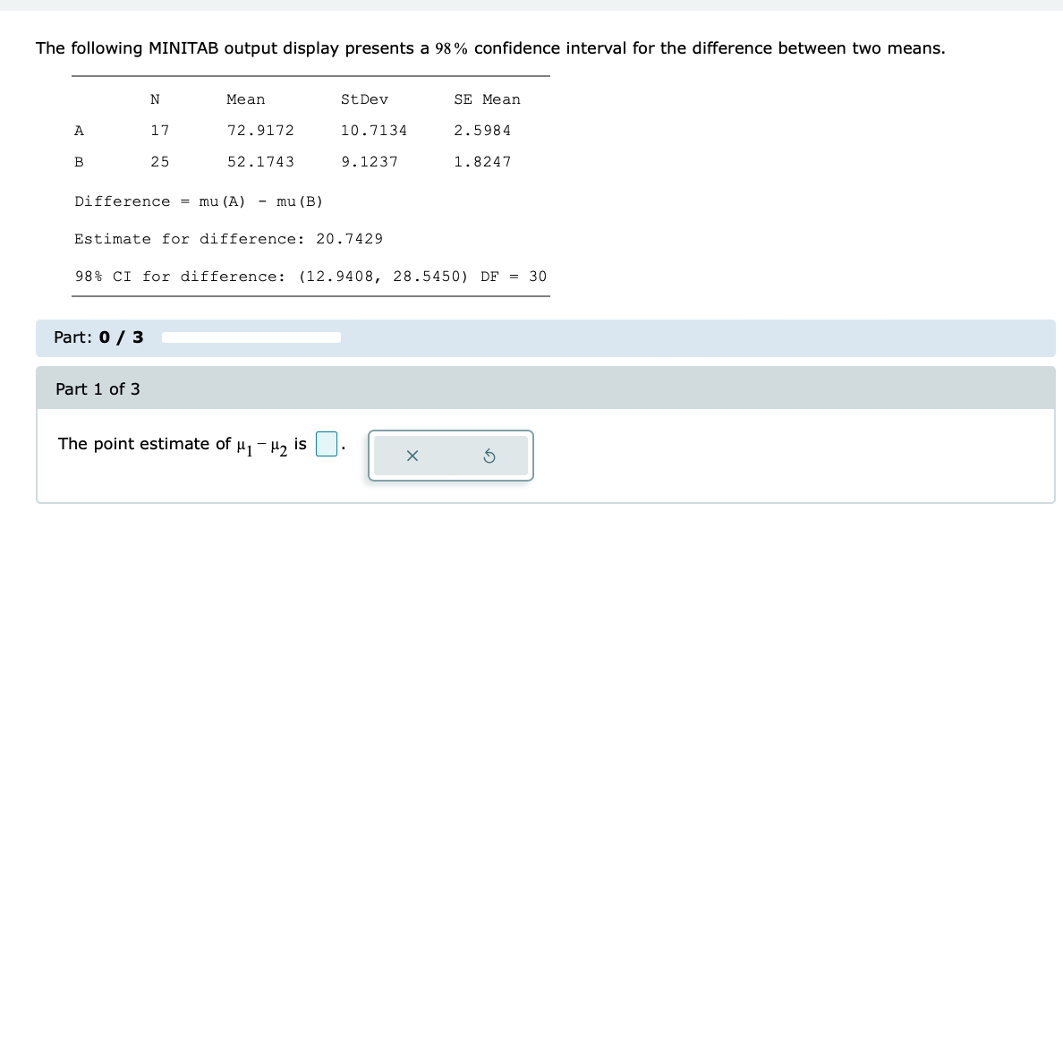 The following MINITAB output display presents a 98% confidence interval for the difference between two means.
A
B
N
17
Part: 0 / 3
25
Part 1 of 3
Mean
72.9172
Difference = mu (A) - mu (B)
52.1743
St Dev
10.7134
Estimate for difference: 20.7429
9.1237
98% CI for difference: (12.9408, 28.5450) DF = 30
The point estimate of μ₁ −μ₂ is.
SE Mean
X
2.5984
1.8247