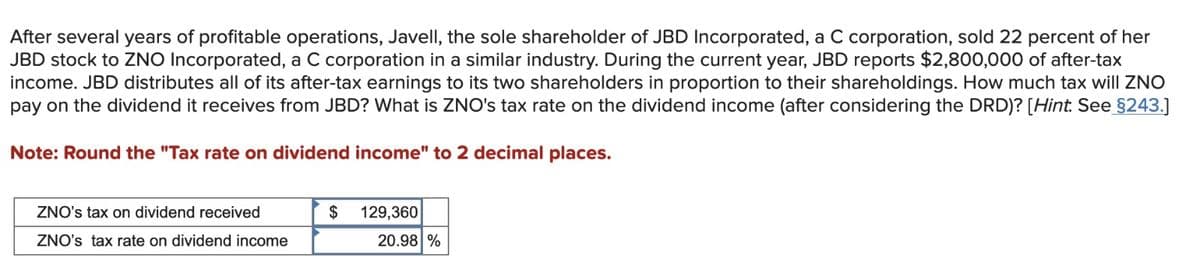 After several years of profitable operations, Javell, the sole shareholder of JBD Incorporated, a C corporation, sold 22 percent of her
JBD stock to ZNO Incorporated, a C corporation in a similar industry. During the current year, JBD reports $2,800,000 of after-tax
income. JBD distributes all of its after-tax earnings to its two shareholders in proportion to their shareholdings. How much tax will ZNO
pay on the dividend it receives from JBD? What is ZNO's tax rate on the dividend income (after considering the DRD)? [Hint. See §243.]
Note: Round the "Tax rate on dividend income" to 2 decimal places.
ZNO's tax on dividend received
ZNO's tax rate on dividend income
$
129,360
20.98 %