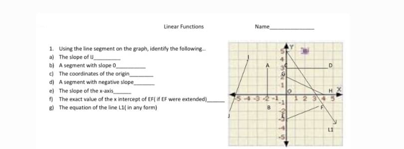 Linear Functions
Name
1. Using the line segment on the graph, identify the following.
a) The slope of U
b) A segment with slope 0_
A
c) The coordinates of the origin_
d) A segment with negative slope
e) The slope of the x-axis_
) The exact value of the x intercept of EF( if EF were extended)
8) The equation of the line L1( in any form)
H.
35
L1
