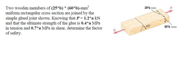 Two wooden members of (25*b) * (60*b)-mm?
uniform rectangular cross section are joined by the
simple glued joint shown. Knowing that P= 1.2*a kN
and that the ultimate strength of the glue is 0.4*a MPa
in tension and 0.7*a MPa in shear, determine the factor
of safety.
25'b mm
60b mm
